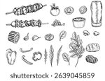 Monochrome vector BBQ set with skewers, grilled veggies, sauces, and spices black ink sketch. Etching drawing of grilled kebab clip art for family picnic, street food market, and cooking blog.
