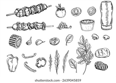 Monochrome vector BBQ set with skewers, grilled veggies, sauces, and spices black ink sketch. Etching drawing of grilled kebab clip art for family picnic, street food market, and cooking blog.