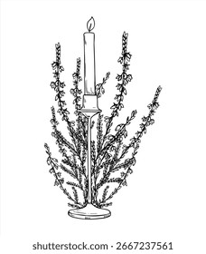Vela de Vector monocromo y boceto de tinta negra de línea de ramo de brezo. Planta escandinava de hoja perenne con dibujo de grabado de flores para decoración de Navidades, embalaje de vacaciones, tarjetas de felicitación.