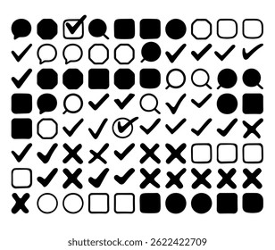 monochrome vector check cross icons set for UI UX buttons and shapes