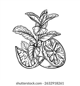 Monochrome vector citrus slices among melissa branches illustration painted by black inks. Etching drawing of lemon or lime with mint herbs for beverage branding, spa menus, healthy food packaging.