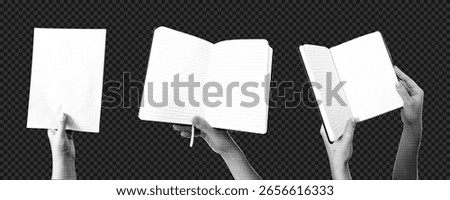  Monochrome vector collage with hands holding blank notebooks and sketchbooks. Halftone dot effect, retro style with transparent background. For posters, zines, social media,  DIY art projects. 