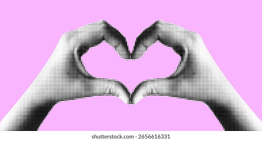 Collage de Vector monocromo con manos de corazón. Efecto de punto semitono, estilo retro con fondo transparente. Para afiches, zines, redes sociales, proyectos de arte DIY. 