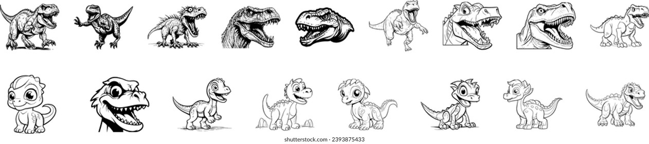 Monochrome vector collection featuring assorted cartoon dinosaurs in playful poses, ideal for kids' designs.