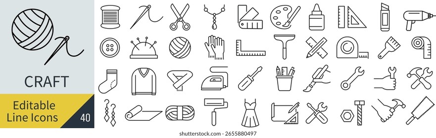 Conjunto de ícones de arte de linha de artesanato de vetor monocromático