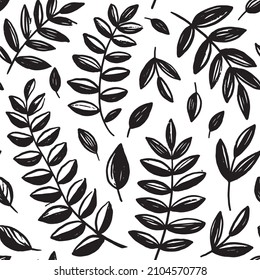 Monochrome vector design with black twigs in hand drawing style. Ornament with elements isolated on a white background. Illustration of plant motifs in black and white.