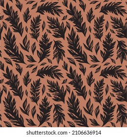 Monochrome vector design with black twigs in hand drawing style. Ornament with elements isolated on a peach background. Illustration of plant motifs in black and white. Textile pattern.