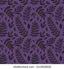 Monochrome vector design with black twigs in hand drawing style. Ornament with elements isolated on a purple background. Illustration of plant motifs in black and white.