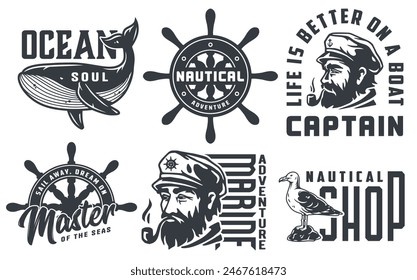 Monochrome vector design set with nautical elements, ocean emblems, and marine adventure and captain graphics for diverse applications.
