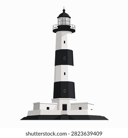 Monochrome vector drawing of a classic coastal lighthouse