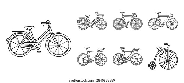 Monochrome vector drawing set featuring different bicycle types such as road bike and old fashioned penny farthing isolated on white background