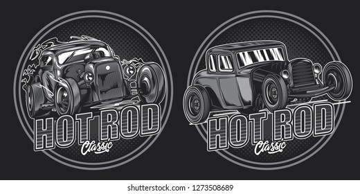 Monochrome vector emblem with American classic hot rods in retro style.