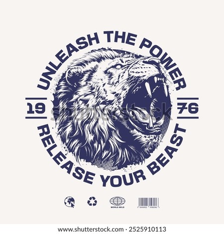 Monochrome vector emblem with detailed roaring lion head illustration.Typographic print design for apparel and streetwear. High contrast grunge style. Vector graphic.