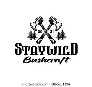 Monochrome vector emblem wooden axe and pines tree for camping