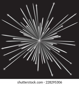 Monochrome vector fireworks with stars and patches of light against the dark night sky