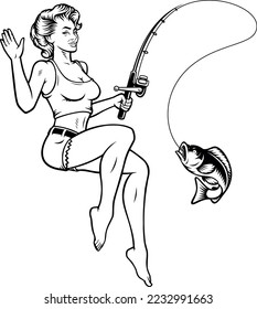 Monochrome vector fishing trip illustration with a pin up girl with fishing rod