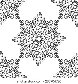 Monochrome vector flower seamless pattern. Black and white background.