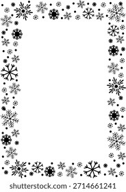 A monochrome vector frame border composed of various detailed snowflakes and dots, perfect for Christmas cards, winter event invitations, and seasonal page decoration.