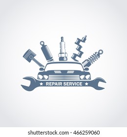 monochrome vector garage service logo in a retro style; vintage car repair service emblem with a wrench, shock absorber, car body, piston and crankshaft svg