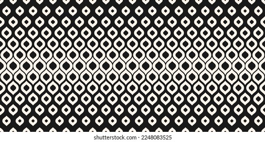 Monochrome vector geometric seamless pattern with halftone effect, leaves, drops, mesh. Abstract black and white background with gradient transition. Trendy retro style repeat wide graphic design