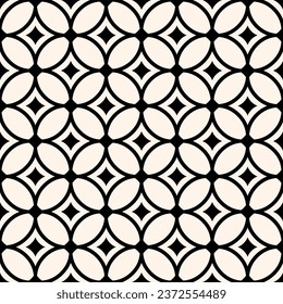 Monochrome vector geometric seamless pattern with big rounded grid, mesh, lattice, circles, diamonds, curved lines. Simple abstract black and white background. Minimal vector ornament. Repeat design