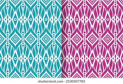 Monochrome vector geometric seamless pattern with rounded grid, mesh, lattice, circles, squares, repeat tiles, curve shapes. Simple abstract blue and pink on white background. Minimal ornament texture