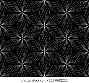 Monochrome vector geometric seamless pattern with floral silhouette, curved lines. Repetitive texture.