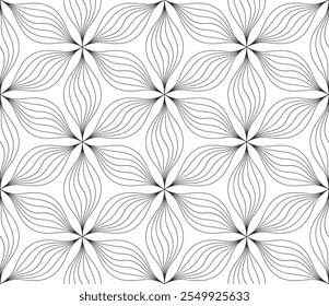 Monochrome vector geometric seamless pattern with floral silhouette, curved lines. Repetitive texture.