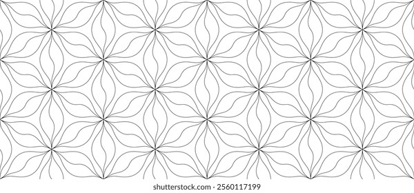 Monochrome vector geometric seamless pattern with floral silhouette, curved lines. Repetitive texture.