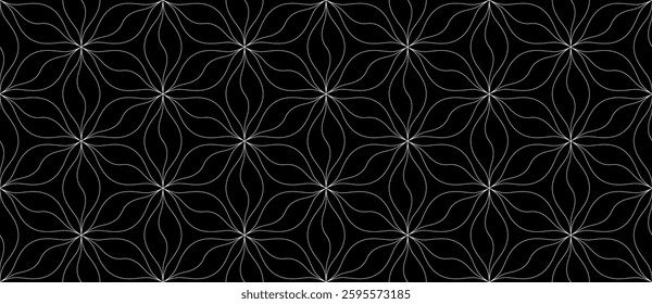Monochrome vector geometric seamless pattern with floral silhouette, curved lines. Repetitive texture.