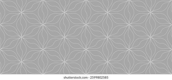Monochrome vector geometric seamless pattern with floral silhouette, curved lines. Repetitive texture.