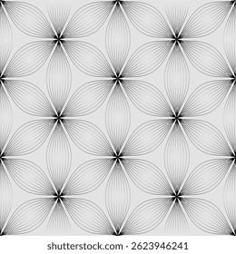 Monochrome vector geometric seamless pattern with floral silhouette, curved lines. Repetitive texture.