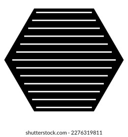 Monochrome vector graphic of a black hexagon intersected by white parallel lines