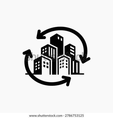 Monochrome vector graphic of city skyline with rotation arrows. Symbolizes urban renewal property turnover and metropolitan expansion. Perfect for architectural firms and real estate marketing. Modern building cluster icon. Construction cycle illustration. Sustainable urban planning symbol.