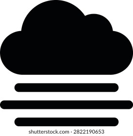 Monochrome vector graphic depicting a dense cloud above misty horizontal lines. Useful for weather forecasts atmospheric conditions or abstract concepts.