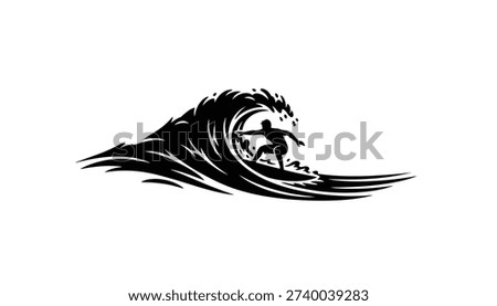 A monochrome vector graphic depicting a surfer in action. The figure is shown inside the barrel of a powerful, stylized wave, creating a sense of dynamic movement and adventure.