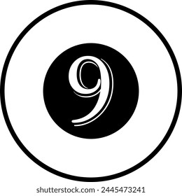 Monochrome vector graphic of the number nine within a white circle with a black outline