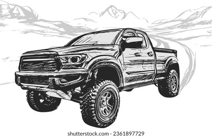 Monochrome vector graphic portraying a modern pickup truck against a backdrop of undisturbed mountain views