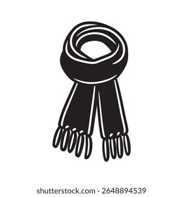 Vetor gráfico monocromático retrata um cachecol, estilizado com uma seção superior em loop e extremidades franjas, definido contra um pano de fundo claro, perfeito para a moda de inverno.
