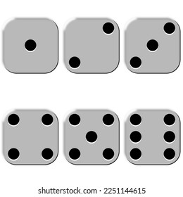 Juego gráfico vectorial monocromo de dados sobre un fondo blanco. El conjunto está compuesto por seis dados numerados de 1 a 6
