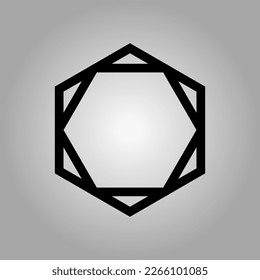 Monochrome vector graphic of two hexagons, the inner hexagon rotated 60 degrees and touching the outer one exactly. The background is a radial grey gradient