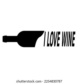 Monochrome vector graphic of a wine bottle on its side, merging into the words, I Love Wine. Don't we all