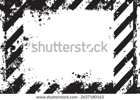 Monochrome vector grunge frame. Black and white diagonal hazard stripes with distressed textures and splatter, creating an edgy industrial border design.