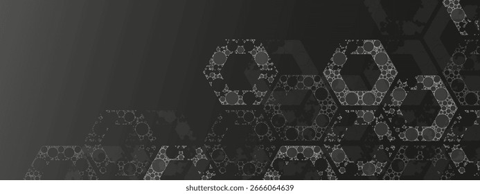 Monochromer Vektor mit Sechseck-Halbtonraster und chaotischer kreisförmiger Spitze auf schwarzem Hintergrund. Abstraktes geometrisches Muster für Poster, Banner, Flyer, Cover und moderne digitale Designprojekte.