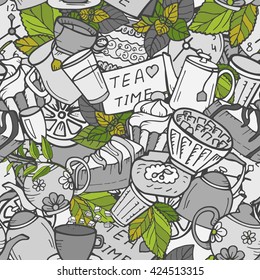 Monochrome vector hand drawn Doodle cartoon seamless pattern on the tea time theme with green leaves