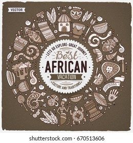 Monochrome vector hand drawn set of Africa cartoon doodle objects, symbols and items. Round frame composition