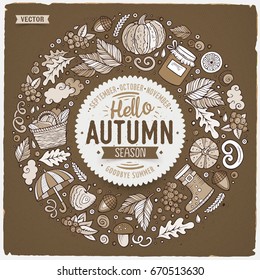 Monochrome vector hand drawn set of Autumn cartoon doodle objects, symbols and items. Round frame composition