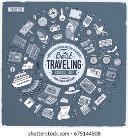 Monochrome vector hand drawn set of Travel cartoon doodle objects, symbols and items. Round frame composition