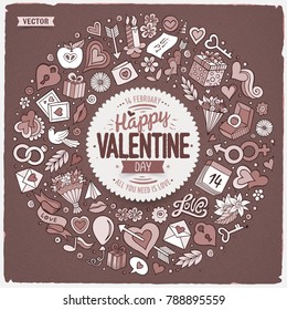 Monochrome vector hand drawn set of Love cartoon doodle objects, symbols and items. Round frame composition