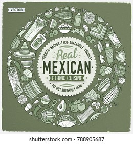 Monochrome vector hand drawn set of Mexican food cartoon doodle objects, symbols and items. Round frame composition